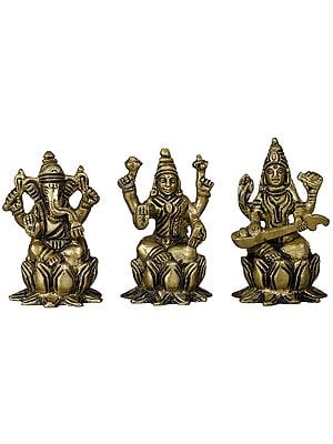 2" Lakshmi Ganesha Saraswati - Small Size In Brass | Handmade | Made In India