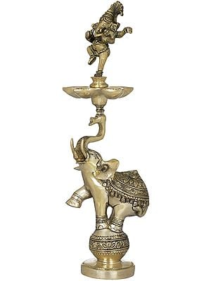 17" Dancing Ganesha Lamp Supported on Acrobat Elephant's Trunk In Brass | Handmade | Made In India