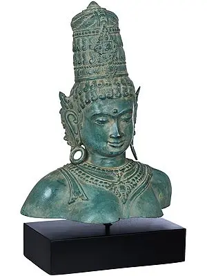 15" Goddess Parvati Bust on Wooden Stand In Brass | Handmade | Made In India
