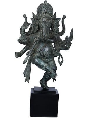 16" Three Headed Musical Ganesha Statue Playing a Flute | Handmade Brass Idol