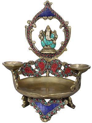 11" Brass Large Ganesha Diya with Two Small Lamps | Handmade | Made in India