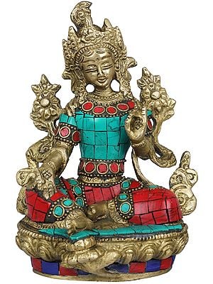5" Tibetan Buddhist Deity Green Tara In Brass | Handmade | Made In India