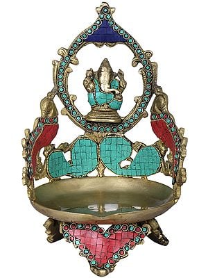 11" Ganesha Large Brass Diya with Peacock | Handmade