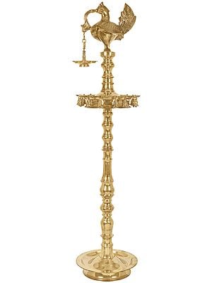 61" Fine Large Peacock Lamp wih Dangling Bells In Brass | Handmade | Made In India