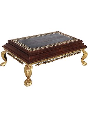 Rectangular Wooden Chowki with Brass Legs and Decoration