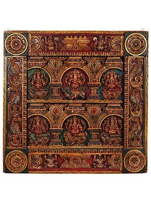 Richly Coloured Wooden Panel Of Six Ganesha Figurines