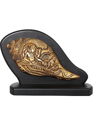 6" Sheshashayi Vishnu Conch Fixed on Wooden Stand In Brass | Handmade | Made In India