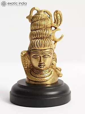 4" Small Shiva Head on Wooden Stand In Brass | Handmade | Made In India