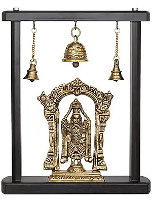 13" Tirupati Balaji in Wooden Frame Stand with Bells In Brass | Handmade | Made In India