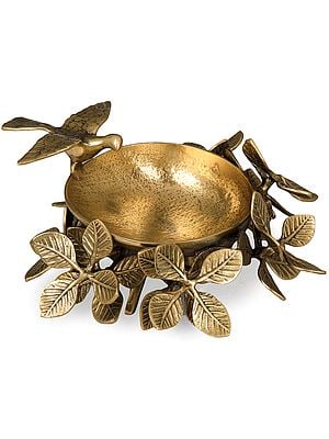 Handmade Designer Brass Urli with a Flying Bird on Leafy Stand