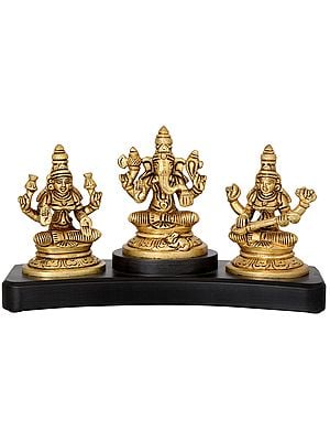 4" Lakshmi Ganesha Saraswati In Brass and wood | Handmade | Made In India
