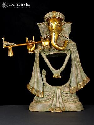 19" Stylized Fluting Ganesha In Brass | Handmade | Made In India