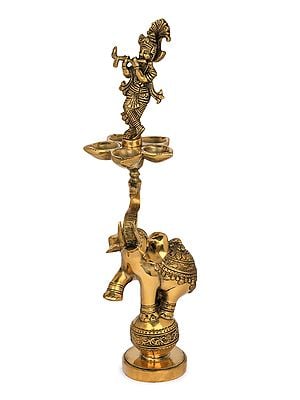 17" Lord Krishna Lamp on The Tusk of Acrobatic Elephant In Brass | Handmade | Made In India