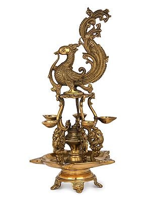 19" Ten Wicks Designer Peacock Lamp In Brass | Handmade | Made In India