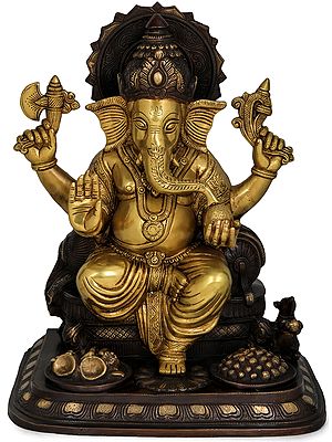 17" Ganesha Seated on Cushion Throne In Brass | Handmade | Made In India