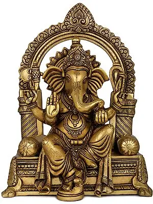 16" Raja Ganesha Viraajman on Singhasan in Brass | Handmade | Made In India