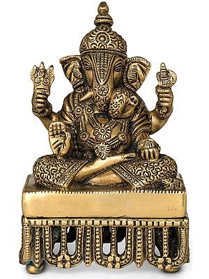 6" Ganesha Seated on Chowki In Brass | Handmade | Made In India
