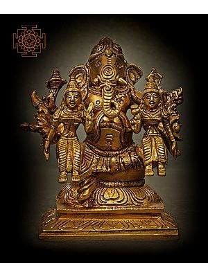 4" Ganesha with Riddhi Siddhi Small Size Brass Statue | Handmade | Made in India