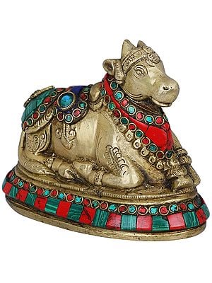 3" Small Inlaid Nandi In Brass | Handmade | Made In India