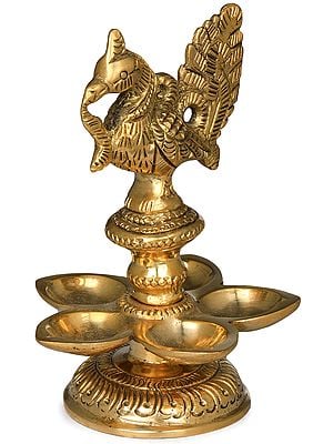 5" Small Five Wicks Peacock Lamp in Brass | Handmade | Made in India
