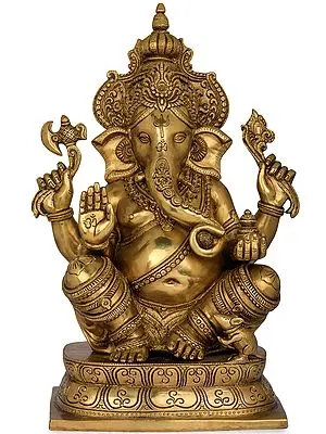 15" Blessing Ganesha Wearing a Majestic Crown In Brass | Handmade | Made In India