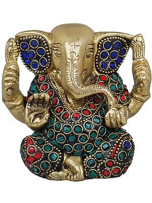 3" Small Stone Inlaid Ganesha Brass Sculpture | Handmade | Made in India