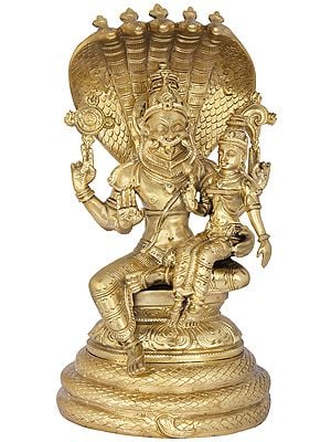 12" Lord Naramsimha with Devi Lakshmi and Sheshanaga Aureole | Bronze Statue from Bangalore