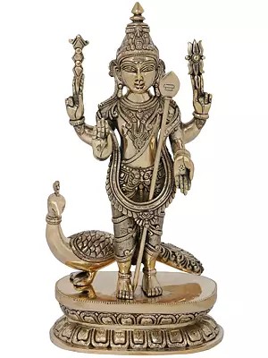 16" Superfine Karttikeya with His Mount Peacock In Brass | Handmade | Made In India