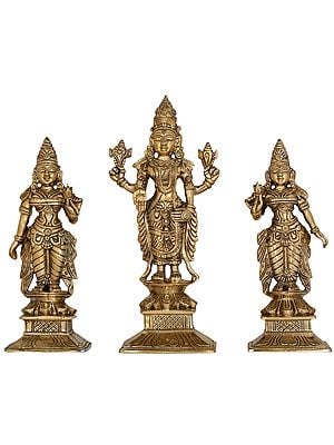 11" Bhagawan Vishnu with Lakshmi and Bhudevi In Brass | Handmade | Made In India