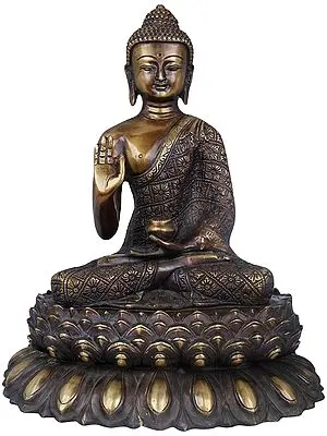 11" Vitarka Mudra Buddha Upon A Luxuriant Lotus Pedestal In Brass | Handmade | Made In India