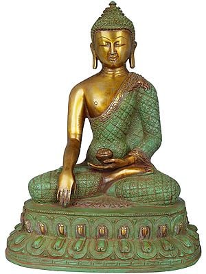 10" Lord Buddha Wearing Vishwa-Vajra Carved Robe - Handmade Tibetan Buddhist Brass Statue | Made In India