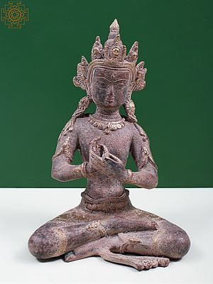 10" Crowned Buddha in Dharmachakra Mudra - Tibetan Buddhist In Brass