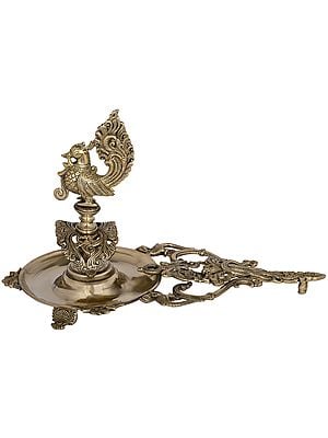 9" Fine Quality Brass Handheld Peacock Aarti Lamp | Handmade | Made in India