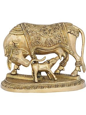 4" Mother Cow with Her Calf | Handmade Brass Statue | Made in India