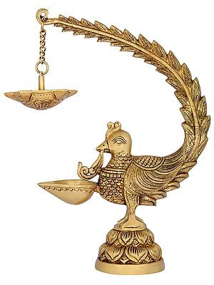 12" Brass Peacock Lamp with Five Wicks Diya Hanging on Peacock's Tail | Handmade | Made in India