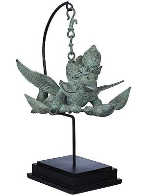 14" Mid-Flight Lord Garuda Surrounded By Three Suspended Lamps In Brass | Handmade | Made In India