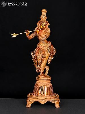 12" Lord Krishna on a High Pedestal In Brass