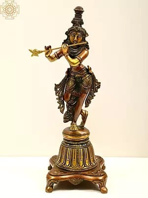 12" Lord Krishna on a High Pedestal In Brass
