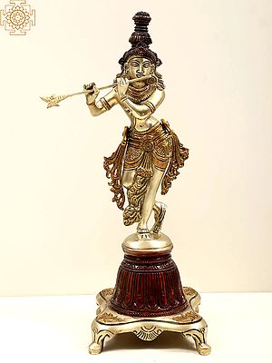 12" Lord Krishna on a High Pedestal In Brass