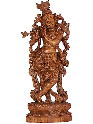Floral Embellished Murli Krishna Carved in Teak Wood
