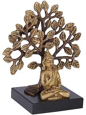 6" Bodhi Tree Buddha On A Wooden Pedestal In Brass | Handmade | Made In India