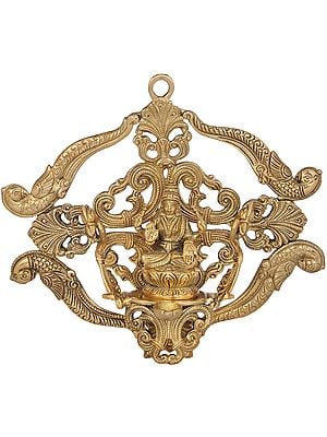 8" Wall Hanging Goddess Lakshmi on Vimana with Attached Lamp in Brass