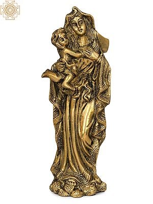 7" Mother Mary with Baby Jesus Brass Statue | Handmade | Made in India