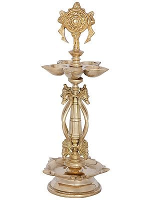 14" Ten Wicks Vaishnava Lamp with Vishnu Chakra In Brass | Handmade | Made In India