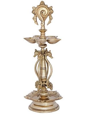 15" Ten Wicks Vaishnava Lamp with Vishnu Conch in Brass | Handmade | Made in India