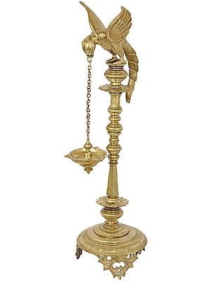 32" Three-Wick Lamp Borne In The Beak Of A Perching Parrot | Handmade |