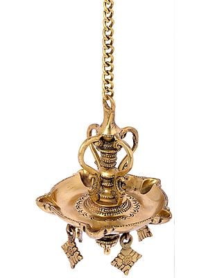 6" Five Wicks Roof Hanging Lamp with Diamond Shaped Danglers In Brass | Handmade | Made In India