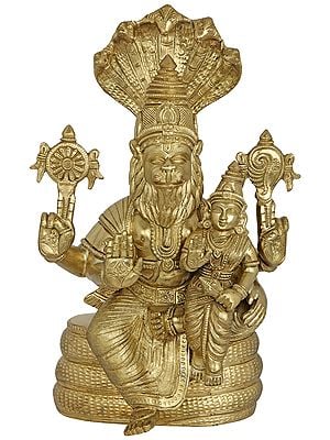 13" Bhagawan Narasimha Bronze Statue with Devi Lakshmi Seated on Sheshanaga | Handmade Hoysala Art Idol