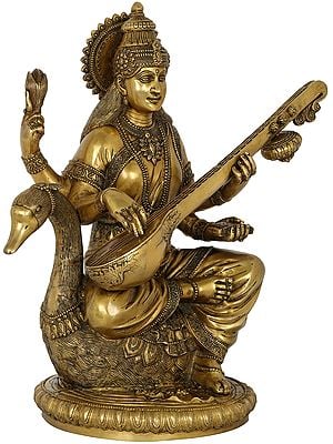24" The Wise And Solemn Devi Saraswati In Brass | Handmade | Made In India
