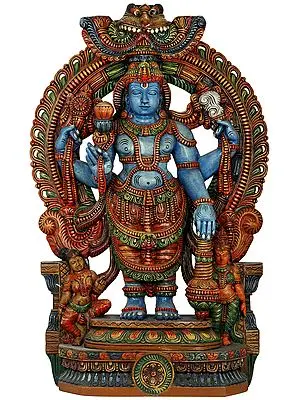 Azure-Skinned Standing Lord Vishnu, With Bhoodevi And Shridevi Seated At His Feet